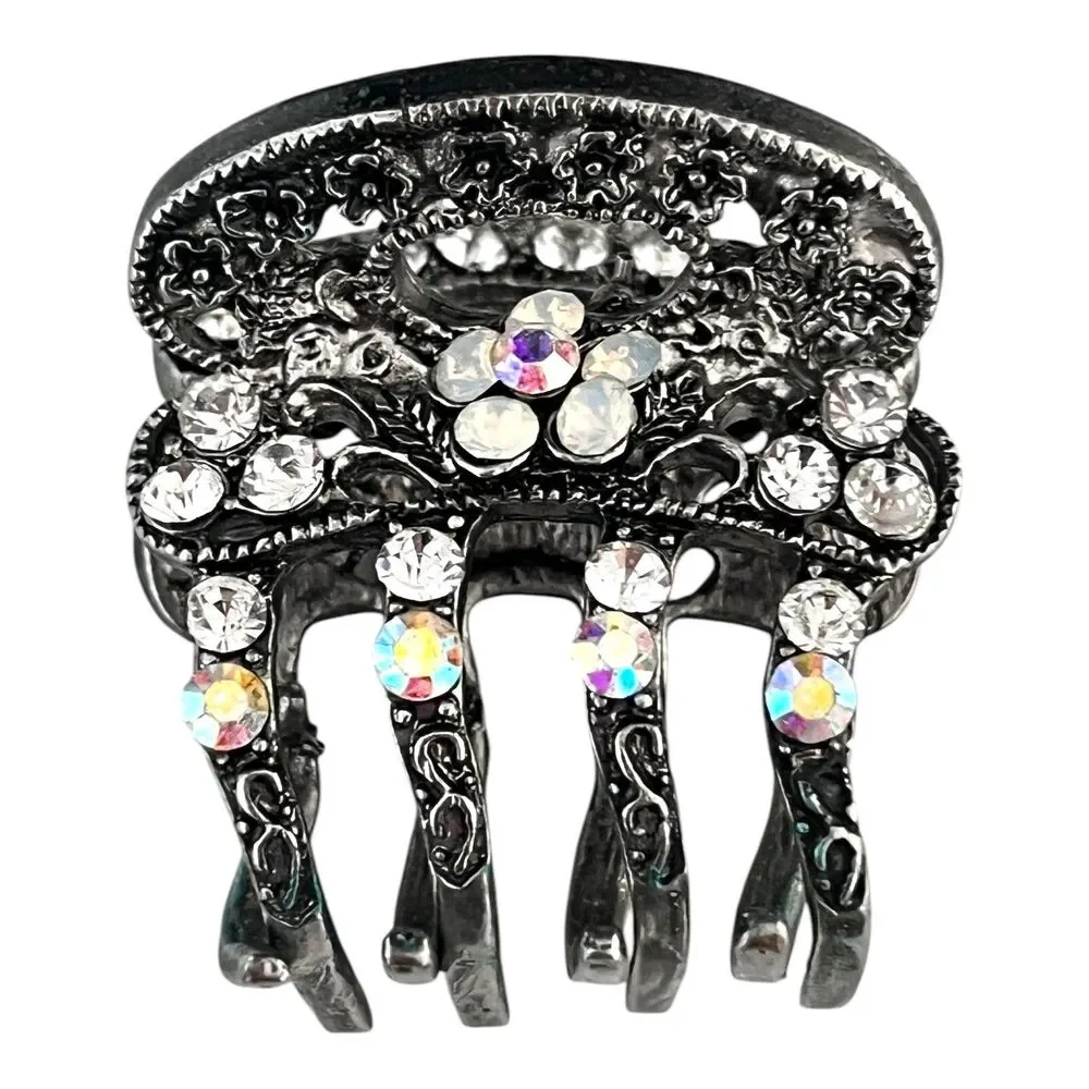 Vintage 1980s Hair Clip Antique Silver Tone Crystal Ornate Barrette - 11Q